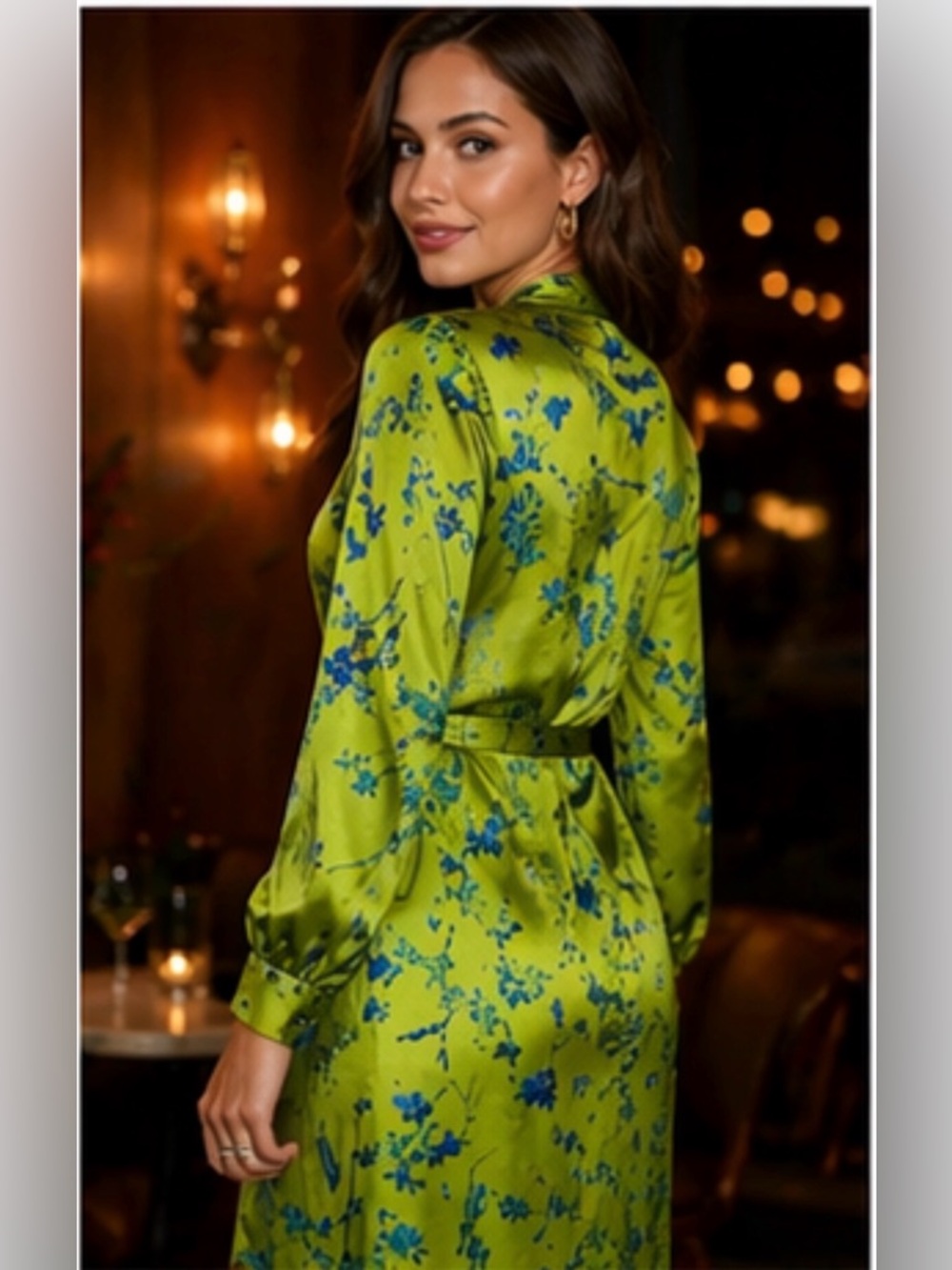 I.N.C. International Concepts Satin Wrap Dress Green Floral Elegant Size XS - Picture 3 of 14